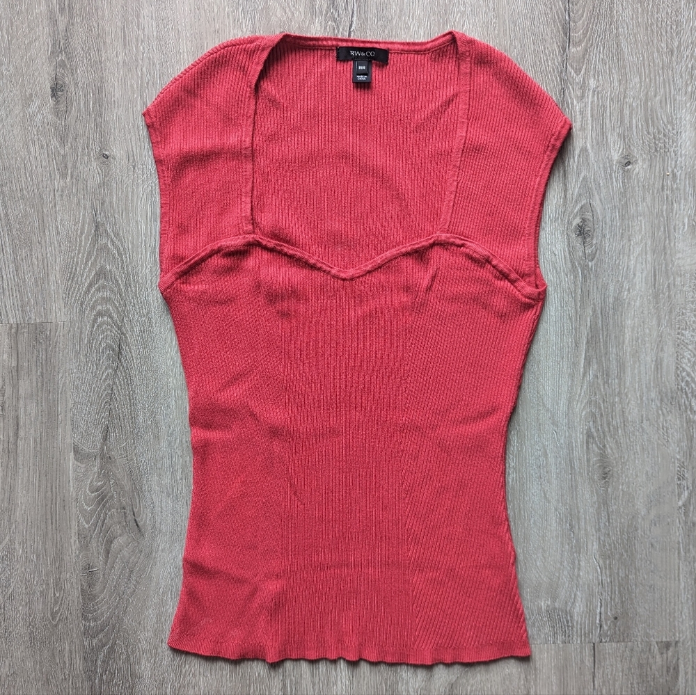 3/$15 Pink Rib-knit Sweetheart Neckline Tee RW&Co